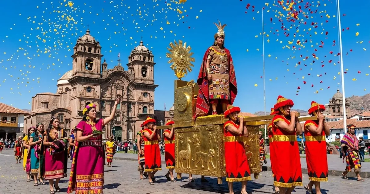 Sapa Inca elevando ofrendas al sol durante el Inti Raymi en Sacsayhuamán
