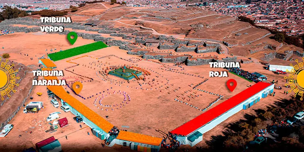 Orange tribune central view toward Inti Raymi stage at Sacsayhuamán