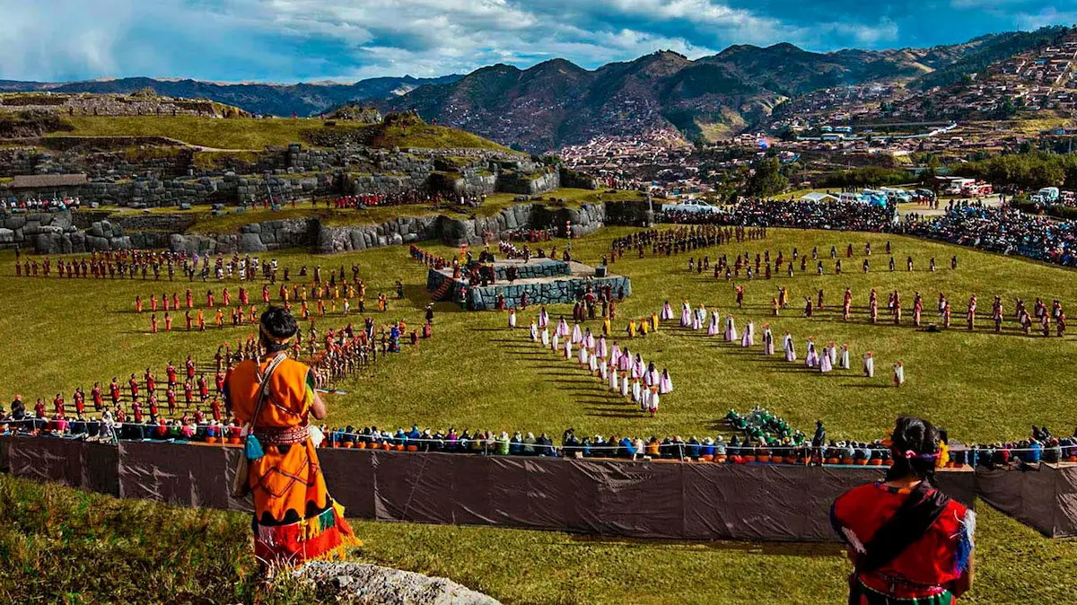 Panoramic view of Inti Raymi grandstand tribunes at Sacsayhuamán with the fortress walls